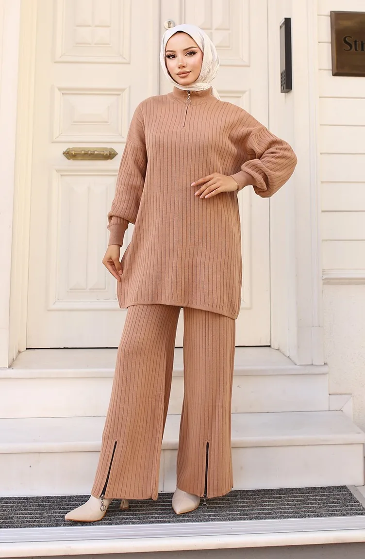 Paçası Fermuarlı Triko Takım 11030-06 Vizon