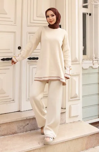 Zigzag Knitwear Set With Buttoned Sleeves 24012-01 Stone 24012-01