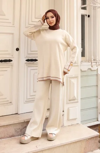 Zigzag Knitwear Set With Buttoned Sleeves 24012-01 Stone 24012-01