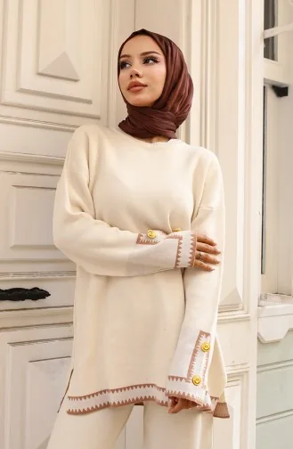Zigzag Knitwear Set With Buttoned Sleeves 24012-01 Stone 24012-01
