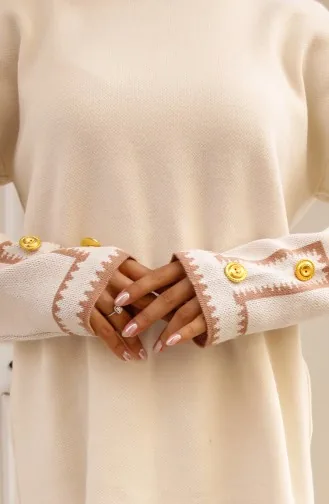 Zigzag Knitwear Set With Buttoned Sleeves 24012-01 Stone 24012-01