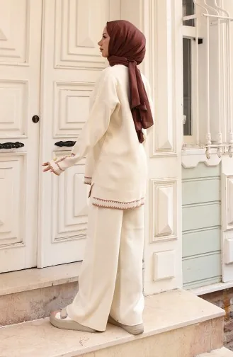 Zigzag Knitwear Set With Buttoned Sleeves 24012-01 Stone 24012-01