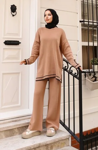 Zigzag Knitwear Set With Buttoned Sleeves 24012-02 Milk Coffee 24012-02