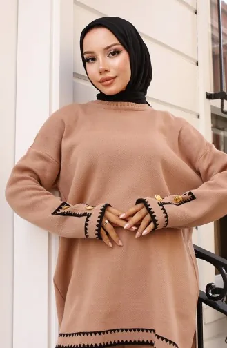 Zigzag Knitwear Set With Buttoned Sleeves 24012-02 Milk Coffee 24012-02