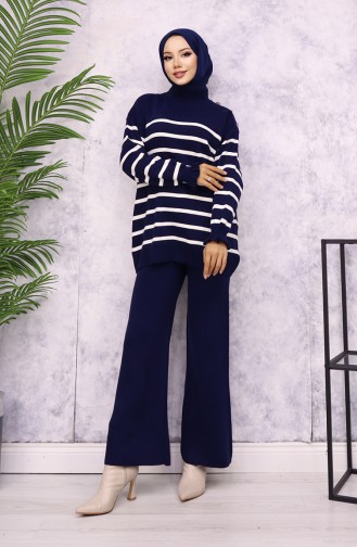 Gestreept Gebreide Pak Met Knoopjes Op De Schouder 24019-01 Marineblauw 24019-01
