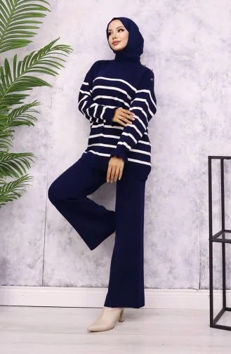 Gestreept Gebreide Pak Met Knoopjes Op De Schouder 24019-01 Marineblauw 24019-01