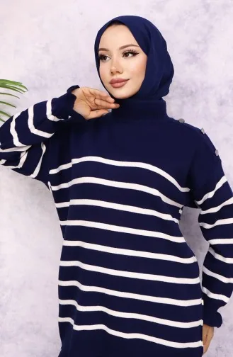 Gestreept Gebreide Pak Met Knoopjes Op De Schouder 24019-01 Marineblauw 24019-01