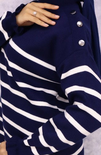 Gestreept Gebreide Pak Met Knoopjes Op De Schouder 24019-01 Marineblauw 24019-01