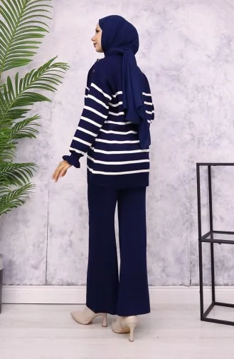 Gestreept Gebreide Pak Met Knoopjes Op De Schouder 24019-01 Marineblauw 24019-01
