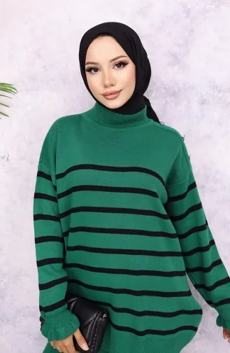 طقم تريكو مُخطط عند الكتف وأزرار 24019-02 لون أخضر زمردي 24019-02