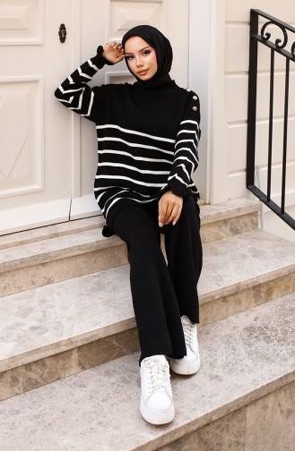 Ensemble Tricot Rayé Epaule Boutonnée 24019-03 Noir 24019-03