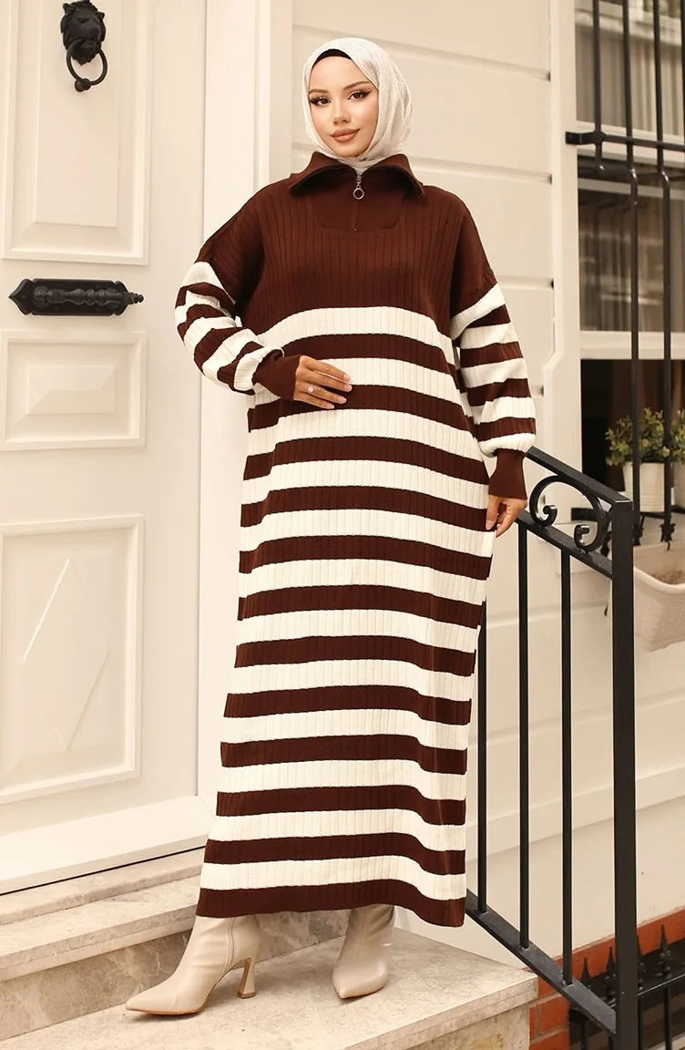Ribbed Striped Knit Dress 11042-03 Brown 11042-03