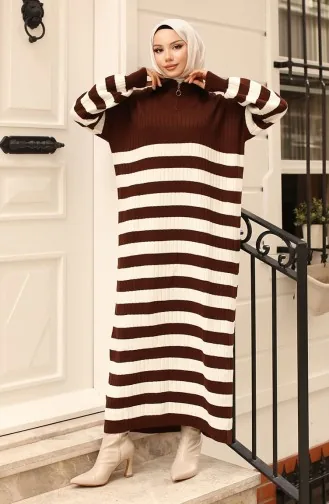 Ribbed Striped Knit Dress 11042-03 Brown 11042-03