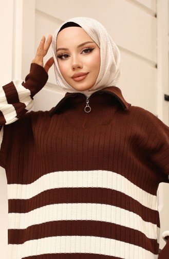 Fitilli Çizgili Triko Elbise 11042-03 Kahverengi