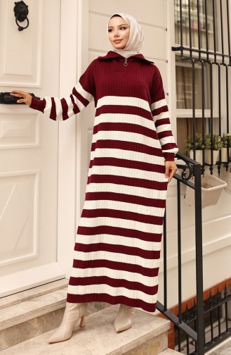 Fitilli Çizgili Triko Elbise 11042-04 Bordo