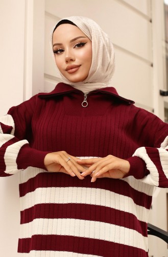 Fitilli Çizgili Triko Elbise 11042-04 Bordo