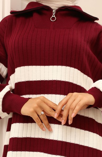 Fitilli Çizgili Triko Elbise 11042-04 Bordo