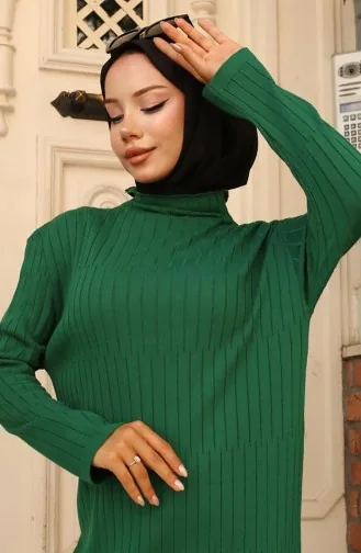 Fitilli Triko Elbise 24207-01 Zümrüt Yeşili