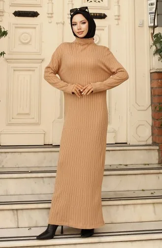 فستان تريكو سادة  24207-03 بني فاتح 24207-03