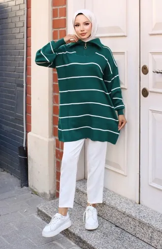 Striped Knit Tunic With Zippered Collar 11037-01 Emerald Green 11037-01