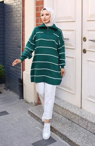Striped Knit Tunic With Zippered Collar 11037-01 Emerald Green 11037-01