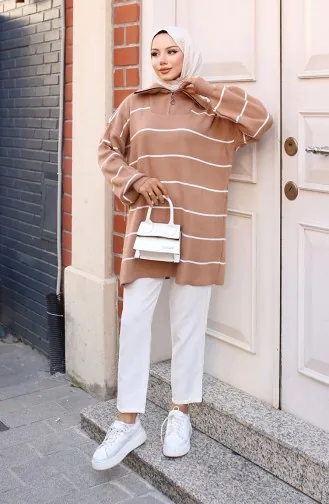 تونيك تريكو مُخطط وياقة سحاب 11037-02 لون مينّي 11037-02