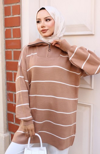 Gestreifte Stricktunika Mit Reißverschlusskragen 11037-02 Nerz 11037-02