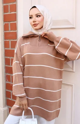 تونيك تريكو مُخطط وياقة سحاب 11037-02 لون مينّي 11037-02