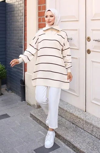 Striped Knit Tunic With Zippered Collar 11037-03 Stone 11037-03