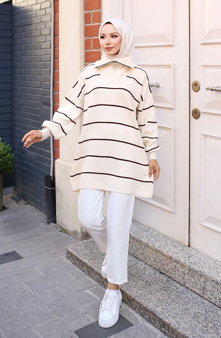 Striped Knit Tunic With Zippered Collar 11037-03 Stone 11037-03