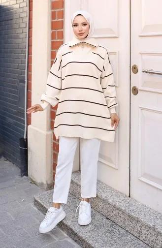 Striped Knit Tunic With Zippered Collar 11037-03 Stone 11037-03