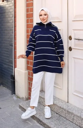 تونيك تريكو مُخطط وياقة سحاب 11037-05 لون كحلي 11037-05