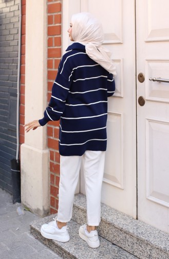 Gestreifte Stricktunika Mit Reißverschlusskragen 11037-05 Marineblau 11037-05