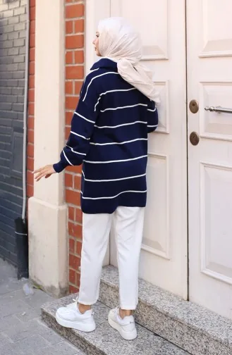 تونيك تريكو مُخطط وياقة سحاب 11037-05 لون كحلي 11037-05