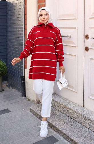 Gestreifte Stricktunika Mit Reißverschlusskragen 11037-06 Rot 11037-06