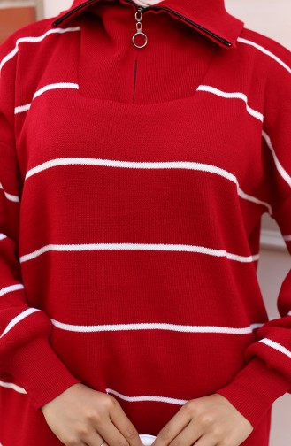 Gestreifte Stricktunika Mit Reißverschlusskragen 11037-06 Rot 11037-06