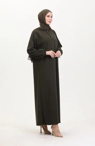 Kleid Mit Elastischen Ärmeln Und Knöpfen 0546-01 Khaki 0546-01