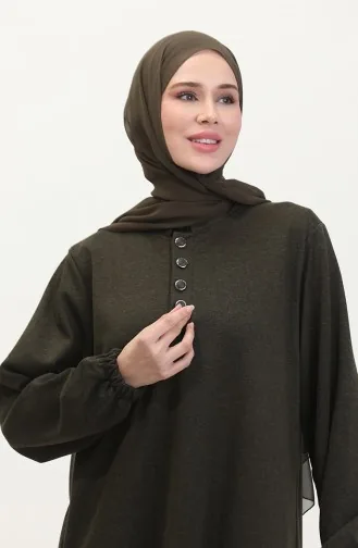 Kleid Mit Elastischen Ärmeln Und Knöpfen 0546-01 Khaki 0546-01