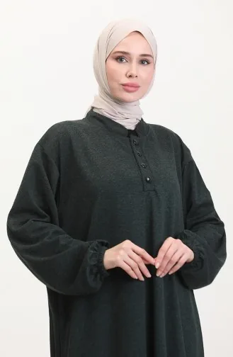 Kolu Lastikli Düğmeli Elbise 0546-03 Zümrüt Yeşili