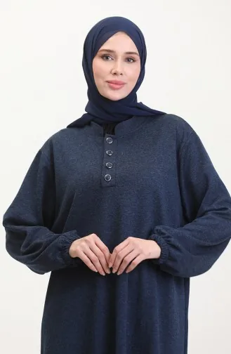 Elastic Sleeve Buttoned Dress 0546-04 Navy Blue 0546-04