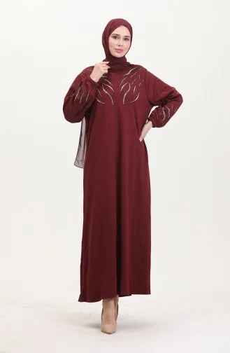 Kolu Lastikli Taşlı Elbise 0547-01 Bordo