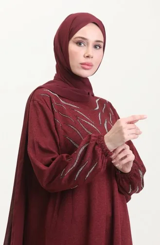 Kolu Lastikli Taşlı Elbise 0547-01 Bordo