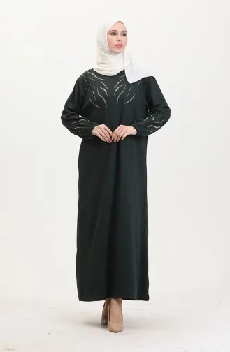 Kolu Lastikli Taşlı Elbise 0547-02 Zümrüt Yeşili
