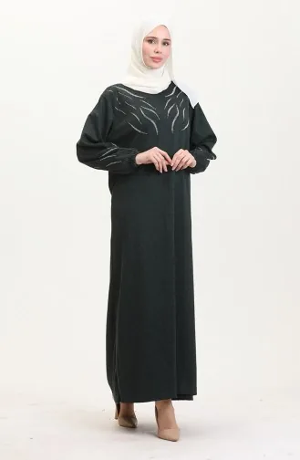 Kolu Lastikli Taşlı Elbise 0547-02 Zümrüt Yeşili