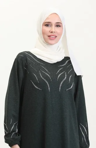 Kolu Lastikli Taşlı Elbise 0547-02 Zümrüt Yeşili