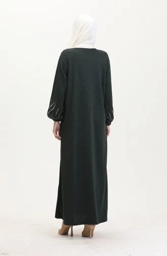 Kolu Lastikli Taşlı Elbise 0547-02 Zümrüt Yeşili