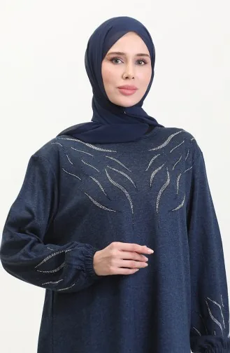 Kolu Lastikli Taşlı Elbise 0547-03 Lacivert