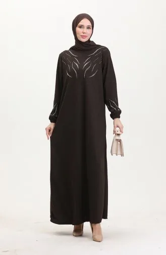 Kolu Lastikli Taşlı Elbise 0547-05 Kahverengi