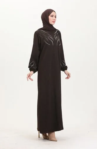 Kolu Lastikli Taşlı Elbise 0547-05 Kahverengi