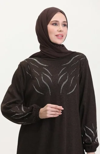 Kolu Lastikli Taşlı Elbise 0547-05 Kahverengi